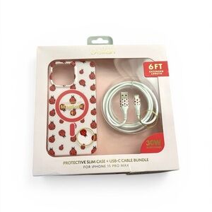 Elila Pink Ladybug iPhone Case and White USB-C Cable Bundle